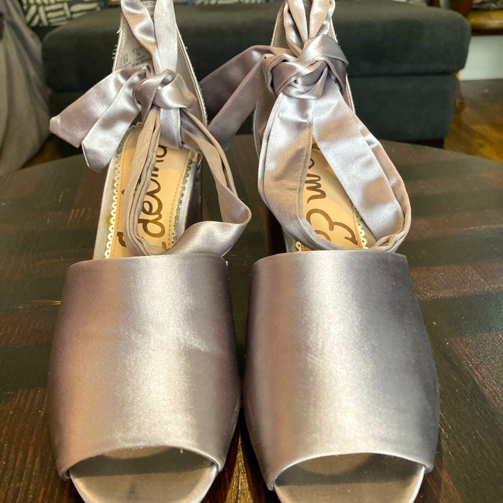 Sam Edelman silver/taupe peep toe block heels.